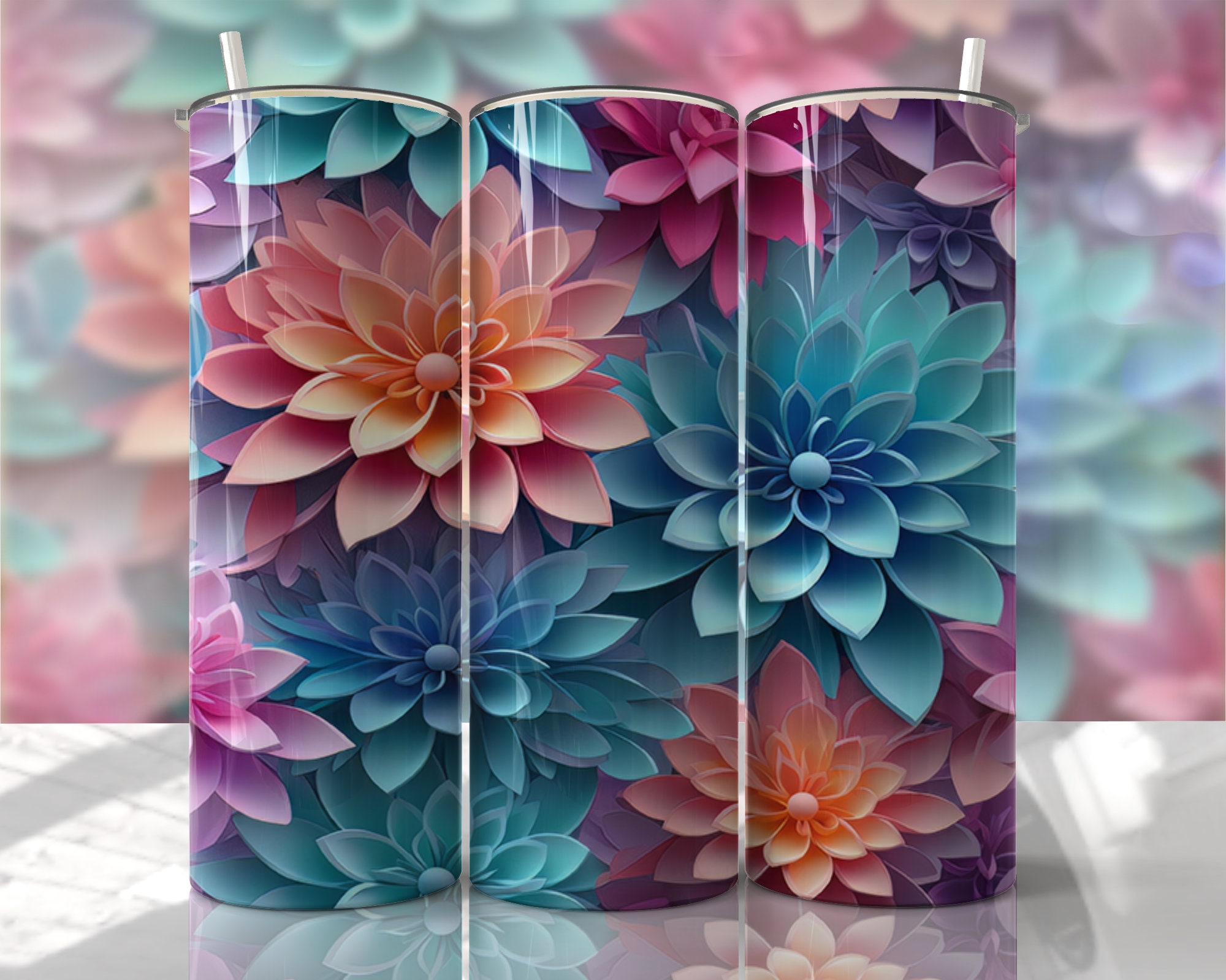 3D Flowers / Blue Background Tumbler – Celebremos ATM LLC