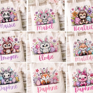 May include: Nine tote bags featuring different animal designs and names. Each bag depicts an animal wearing bunny ears and surrounded by Easter eggs. The animals include a panda, koala, monkey, owl, fox, giraffe, and pig. The names on the bags are Maisie, Mabel, Beatrice, Imogen, Elodie, Matilda, Daphne, Daphne, and Daphne.