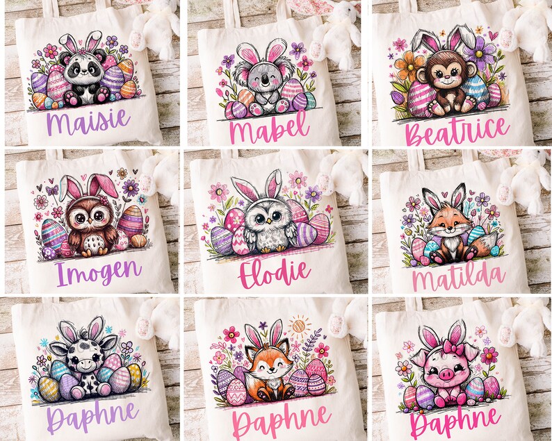 May include: Nine tote bags featuring different animal designs and names. Each bag depicts an animal wearing bunny ears and surrounded by Easter eggs. The animals include a panda, koala, monkey, owl, fox, giraffe, and pig. The names on the bags are Maisie, Mabel, Beatrice, Imogen, Elodie, Matilda, Daphne, Daphne, and Daphne.