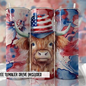 4. Juli Tumbler Highland Kuh Nahtlose Wrap PNG Rot, Weiß und Blau Sublimation Designs Downloads - Skinny 20oz Design
