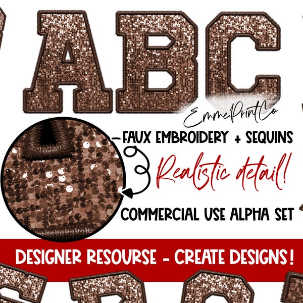 Brown - Faux Embroidery Sequins Alpha Set - Alphabet Sublimation PNG DTF Sports Letters - EmmePrintCo