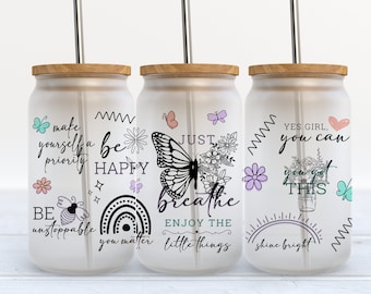 16oz Libbey Glass Can Tumbler Positive Affirmations Quotes Wrap Sublimation PNG Seamless