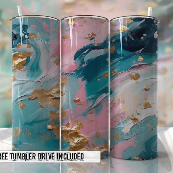 Abstract Tumbler Wrap Pink Blue Gold Sublimation Seamless Designs - Skinny Tumbler 20oz Design - PNG 2023