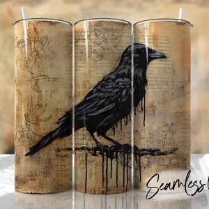 May include: A black raven with dripping paint sits on a branch against a vintage background with faded text and floral designs. The background is a seamless pattern.