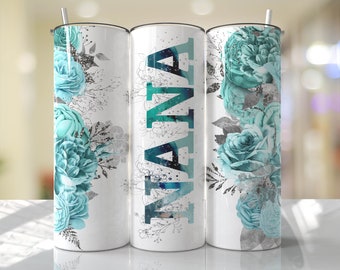NANA Tumbler Wrap PNG Teal Aqua Flowers Tumbler Wrap Seamless Sublimation Designs Downloads - Skinny 20oz Design