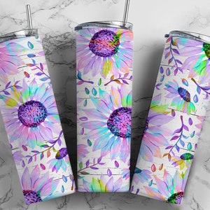 Può includere: Tre bicchieri in acciaio inossidabile con sfondo in legno bianco e un design ad acquerello di girasoli viola, rosa e blu.