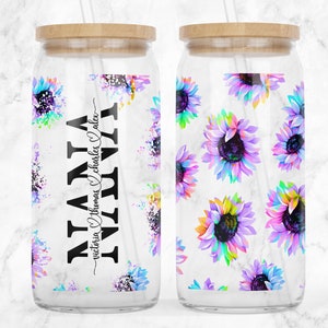 16oz Libbey Glass Can Tumbler Nana Wrap Sublimation PNG Add Kids Names Purple Sunflower Seamless - 2022