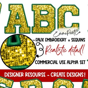 Yellow Green - Faux Embroidery Sequins Alpha Set - Alphabet Sublimation PNG DTF Gold Sports - EmmePrintCo