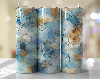 Alcohol Ink Milky Way Blue Honeycomb Gold Marble Tumbler Wrap PNG Tumbler Wrap Seamless Sublimation Designs Downloads - Skinny 20oz Design