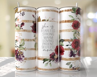 Floral Mother's Day Tumbler – Red Rose Gold, Seamless Design (PNG)