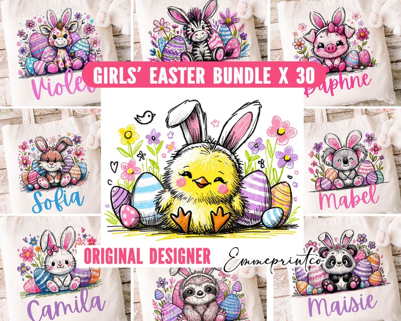 May include: A set of 6 tote bags featuring cute animal illustrations with Easter eggs. The bags are personalised with names like Violet, Sophia, Daphne, Mabel, Camila, and Maisie. The text "GIRLS' EASTER BUNDLE X 30" is displayed at the top of the image.