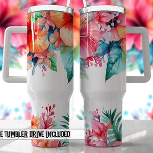 Helle Farben Hibiskus Floral 40 Unzen Quencher Tumbler Wrap - Nahtlose PNG Tumbler Design Sublimation Designs Downloads - PNG
