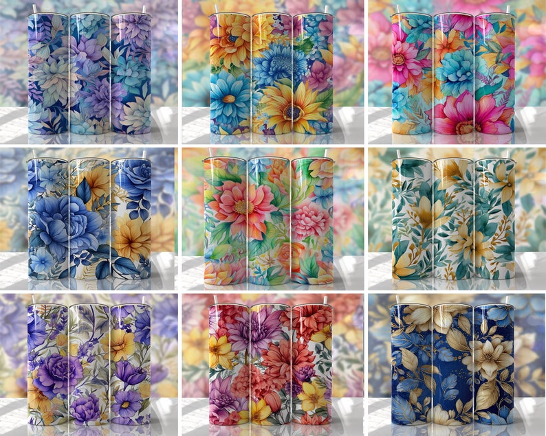 Watercolor Floral Tumbler Wrap Bundle PNG Seamless Tumbler Drive ...