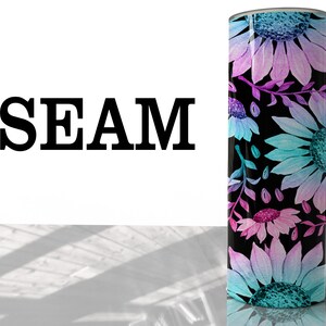 May include: A black and white tumbler with a watercolor design of pink, blue, and purple sunflowers. The tumbler has the word "SEAM" printed on the front.
