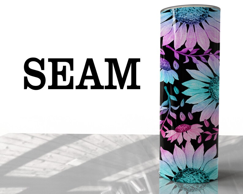May include: A black and white tumbler with a watercolor design of pink, blue, and purple sunflowers. The tumbler has the word "SEAM" printed on the front.