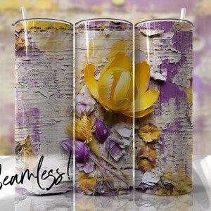 May include: A seamless pattern design featuring a yellow flower with purple accents on a white and purple background. The design is perfect for a tumbler or other drinkware.