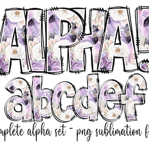Conjunto Alfabético con Estampado Floral Morado - Paquete de Letras - Alfabeto Clipart - Letras Dibujadas a Mano - Paquete de Números para Sublimación