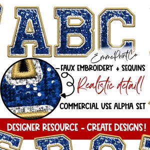 Blue Gold - Faux Embroidery Sequins Alpha Set - Alphabet Sublimation PNG DTF White - EmmePrintCo