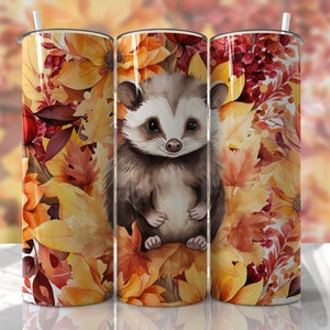 Diseños de sublimación para envoltorios de vasos de zarigüeya - Diseño de vaso delgado sin costuras con hojas de otoño de 20 oz - PNG - EmmePrintco