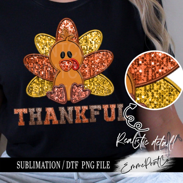 Faux Embroidery Sublimation PNG Sequins Thankful - Turkey - Sublimation Design Download PNG - DTF - Shirts Mugs EmmePrintCo