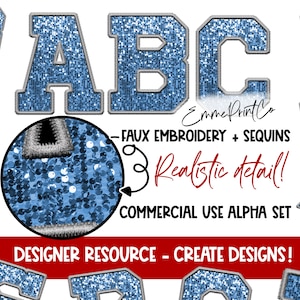 Könnte beinhalten: Ein Satz blauer Glitzer-Buchstaben mit weißem Umriss. Die Buchstaben sind im Faux-Stickerei-Stil mit Pailletten. Die Buchstaben sind A, B und C. Der Text "EmmePrintCo - FAUX EMBROIDERY + SEQUINS Realistic detail! COMMERCIAL USE ALPHA SET DESIGNER RESOURCE - CREATE DESIGNS!" befindet sich unter den Buchstaben.