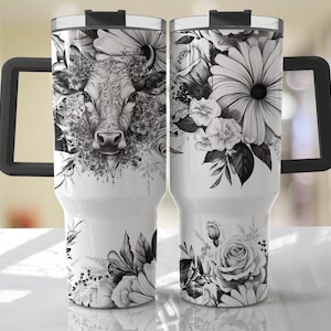 Black and White 40oz Tumbler Wrap - Cow Floral Seamless PNG Tumbler Design Sublimation Designs Downloads - PNG