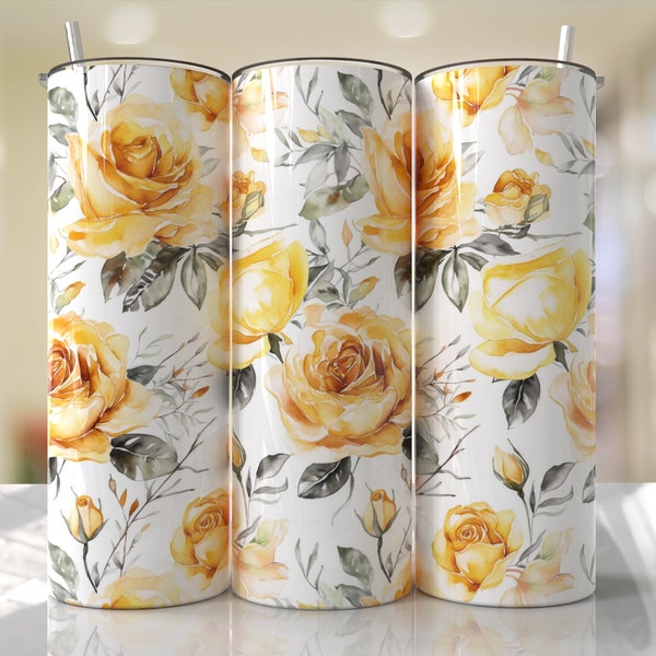 Yellow Rose Floral Tumbler Wrap PNG Tumbler Wrap Seamless Sublimation Designs Downloads - Skinny 20oz Design
