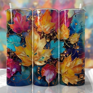 Designs de sublimação para envoltório de copo de folhas de outono - Design de copo fino sem costura com tinta dourada e álcool de 20 onças - PNG - EmmePrintco