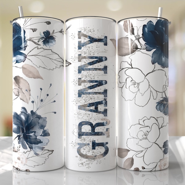 GRANNY Mother's Day Tumbler Wrap PNG Blue Silver Floral Tumbler Seamless Sublimation Designs Downloads - 20oz Design - 2022