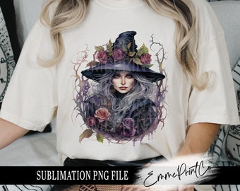May include: Sublimation design featuring a witch with long, silver hair wearing a black pointed hat adorned with purple roses. The witch is surrounded by a dark, swirling background with vines and leaves.