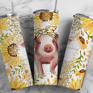 Cute Baby Pig Tumbler Wrap Sunflowers Seamless Tumbler Design Sublimation - Skinny 20oz - PNG 2022