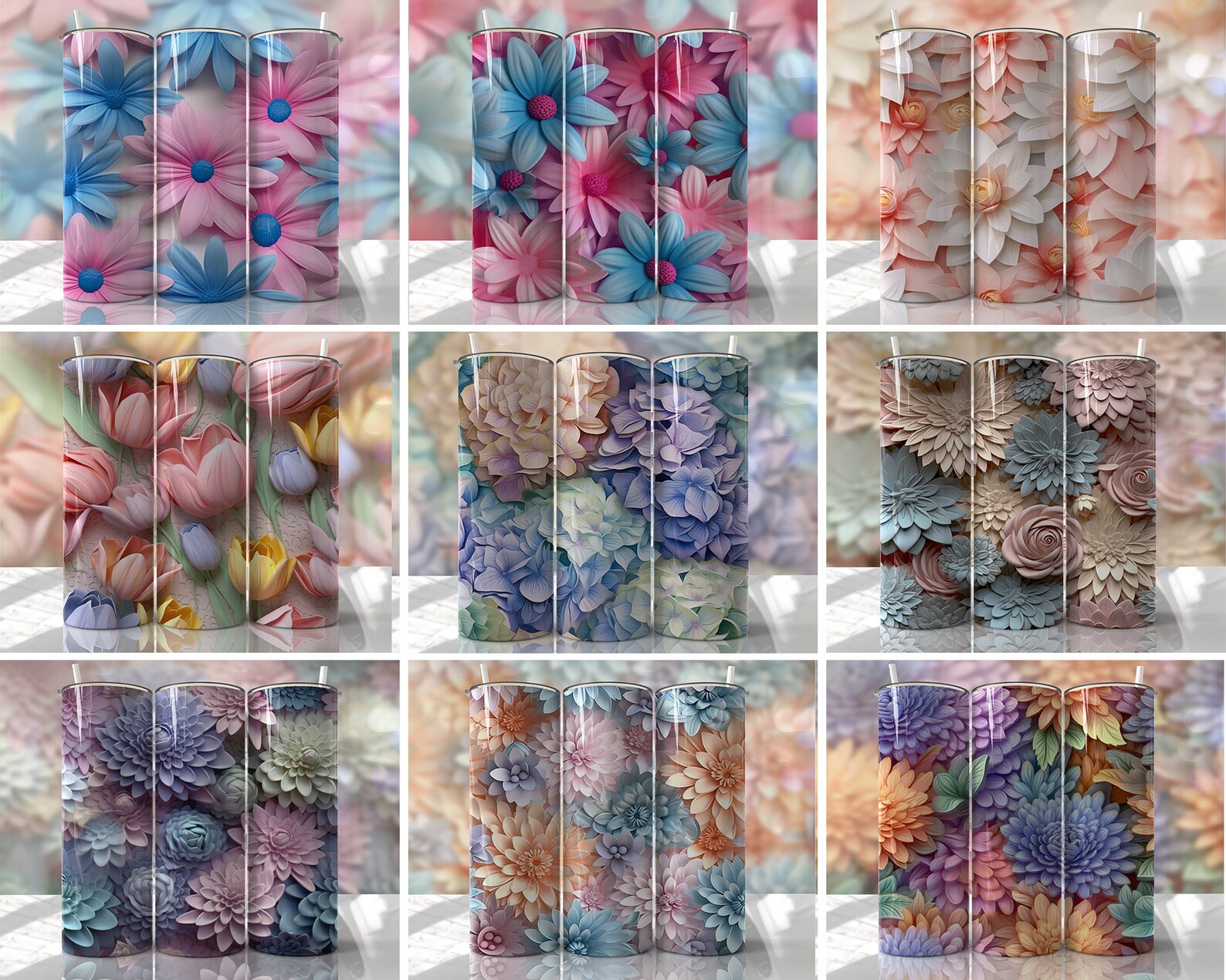 3D Floral Tumbler Wrap Bundle PNG Seamless Tumbler Drive Designs ...