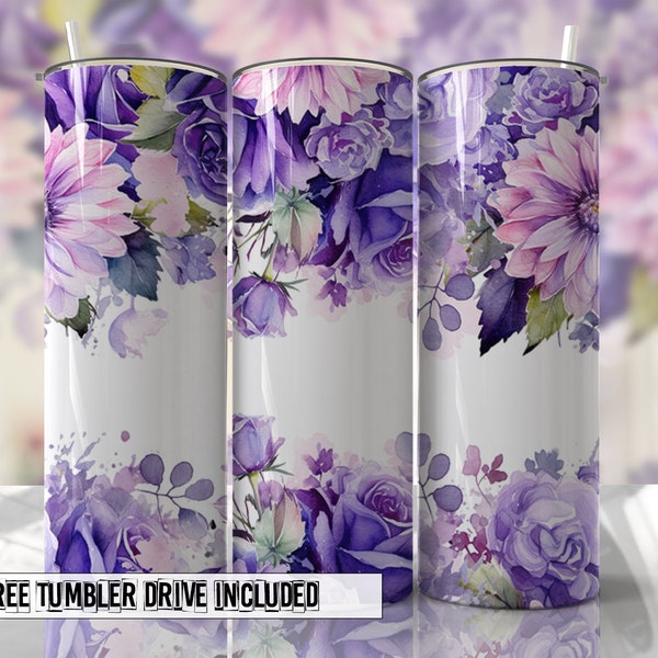 Bright Purple Rose Floral Seamless Tumbler Wrap Sublimation Designs - Skinny Tumbler 20oz Design - PNG - EmmePrintco