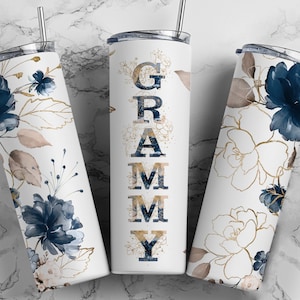 GRAMMY Mother&#39;s Day Navy Blue Gold Floral Sublimation Tumbler Seamless Sublimation Designs Downloads - Skinny Tumbler 20oz Design - PNG 2022
