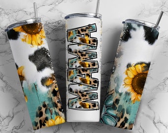 May include: Three stainless steel tumblers with lids and straws. The tumblers are decorated with a cowhide pattern, sunflowers, and leopard print. The middle tumbler has the word "Mama" written on it.