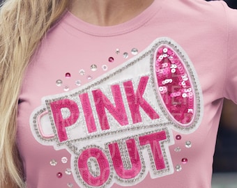 Cheer Pink Out Ribbon Sublimation Design Football  Faux Embroidery Cancer Awareness Sequins Glitter  Download PNG - DTF  Download - Shirts