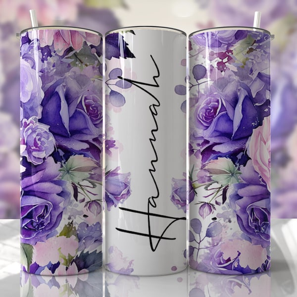 Purple Floral - Add a Name - 20oz Skinny Seamless Tumbler Wrap PNG - Sublimation Tumbler Template - EmmePrintCo