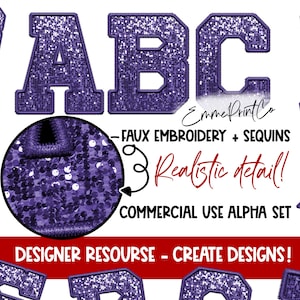 Purple - Faux Embroidery Sequins Alpha Set - Alphabet Sublimation PNG DTF Sports Letters - EmmePrintCo
