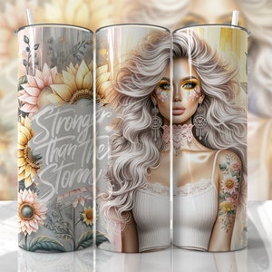 Envoltura para vaso con afirmación positiva "Más fuerte que la tormenta", vaso delgado de sublimación de 20 oz, diseño de mujer PNG, vaso rudo