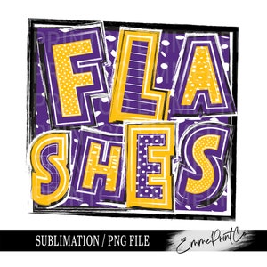 May include: Purple and gold graphic design with the text "FLASHES" in a bold, blocky font. The letters are outlined in black and have a textured, distressed look. The background is a purple and white polka dot pattern.