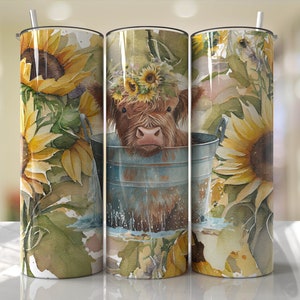 Highland Cow in the Tub Farm Western Tumbler Wrap Sunflower Floral Seamless Country Sublimation Designs Downloads - Skinny 20oz - PNG 2022