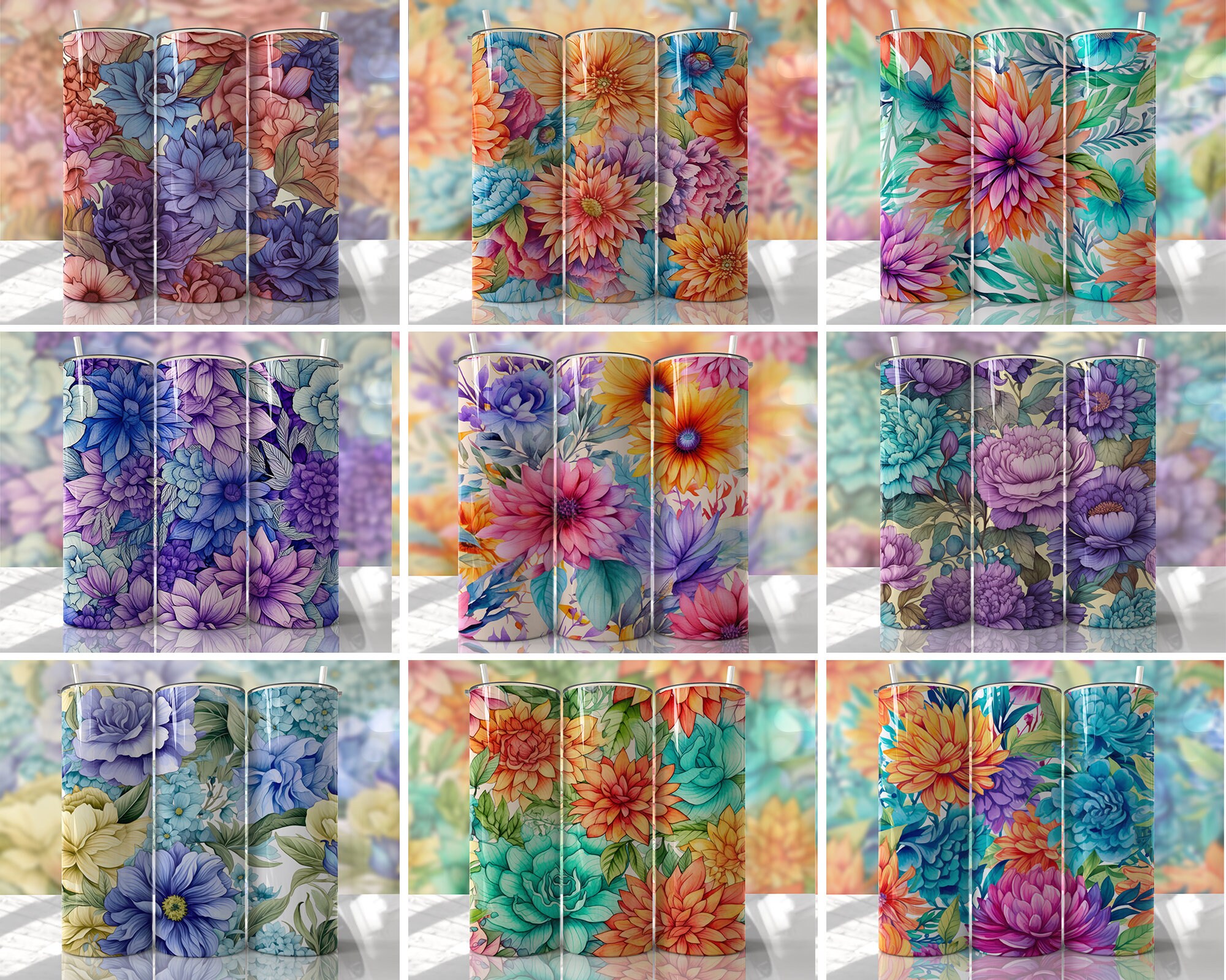 Watercolor Floral Tumbler Wrap Bundle PNG Seamless Tumbler Drive ...