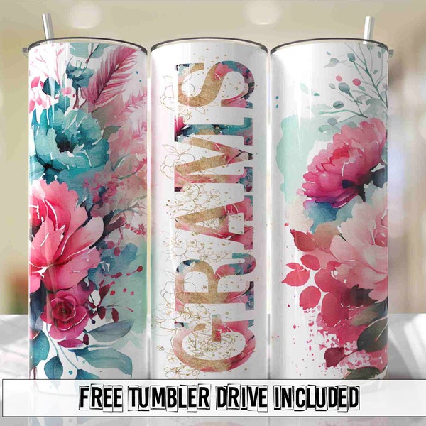 GRAMS Tumbler Wrap Pink and Blue Floral Designs Seamless Sublimation Designs Downloads - Skinny 20oz - PNG