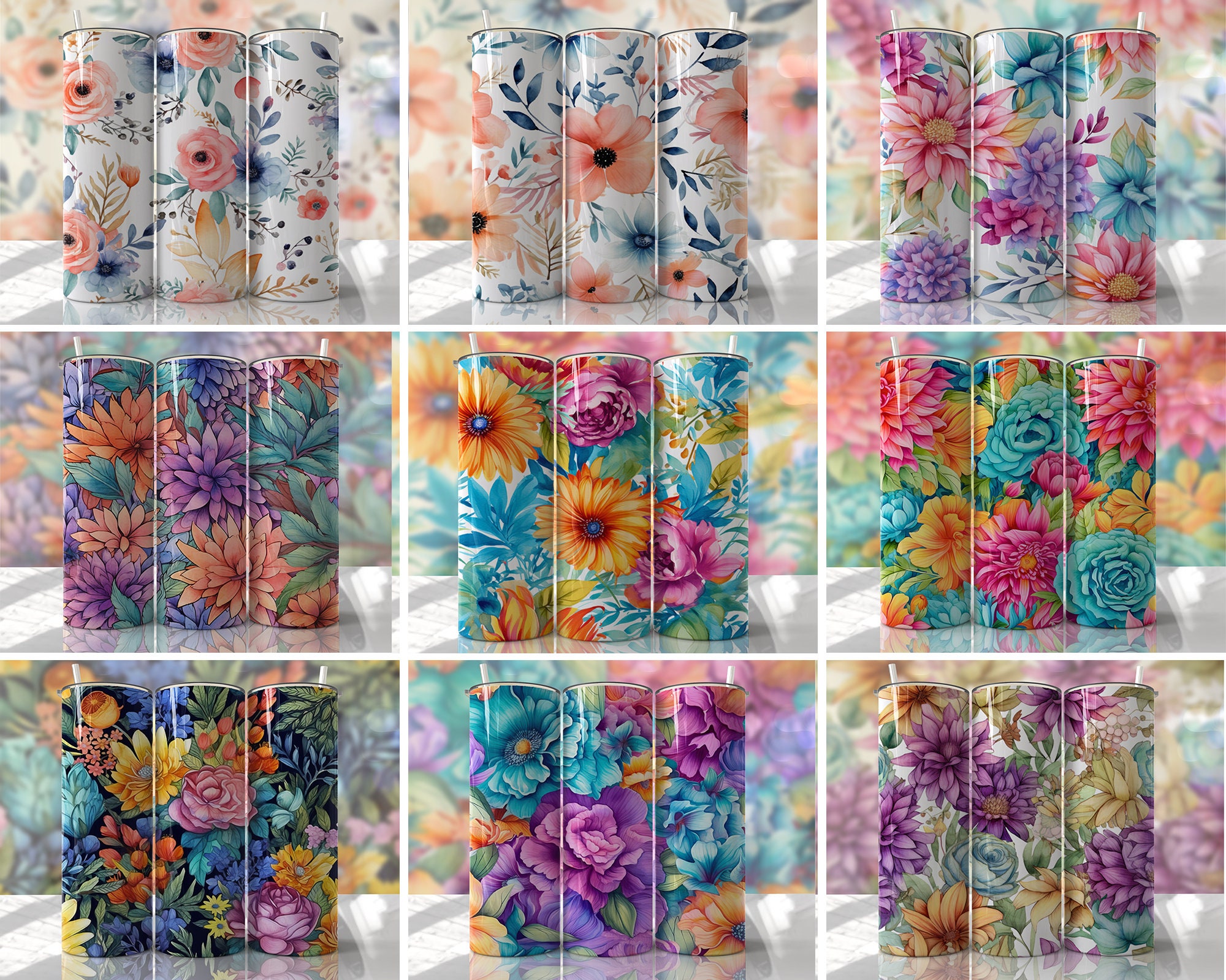 Watercolor Floral Tumbler Wrap Bundle PNG Seamless Tumbler Drive ...