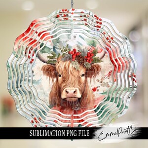 Christmas Wind Spinner Highland Cow Sublimation Designs Watercolor - PNG - EmmePrintco