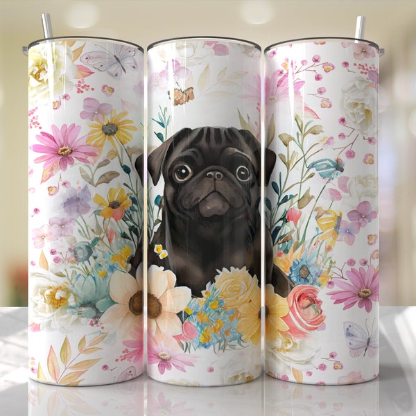 Black Pug Dog Mom Tumbler Wrap Floral Seamless Sublimation Designs Downloads - Skinny 20oz - PNG