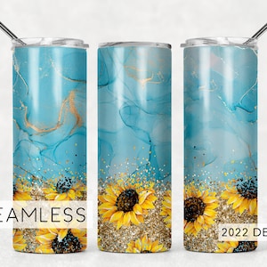Blue Gold Agate Sunflowers Seamless Tumbler Design Glitter Sublimation Designs Downloads - Skinny 20oz Wrap - PNG 2022