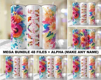 48 Wraps Mother's Day Tumbler Wrap BUNDLE PNG Add Kids Names Bright Floral Seamless Sublimation Design Download Skinny 20oz Alpha Set