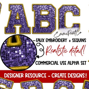 Purple - Faux Embroidery Sequins Alpha Set - Alphabet Sublimation PNG DTF Gold - EmmePrintCo