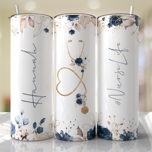 Nurse Life Navy Blue Gold Floral Sublimation Tumbler Seamless Sublimation Designs Downloads - Skinny Tumbler 20oz Design - PNG